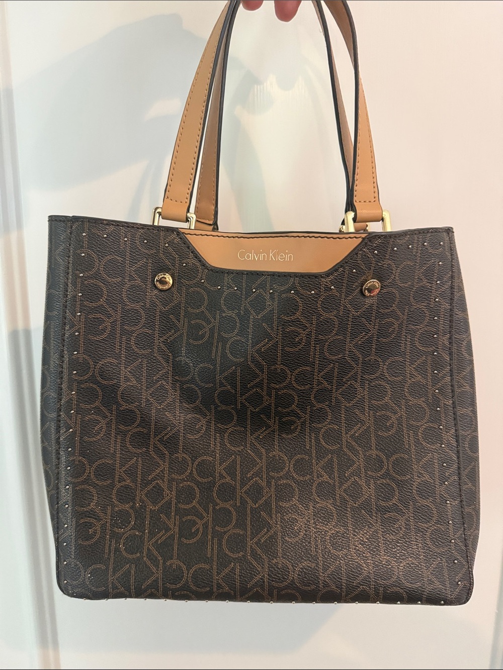 Calvin Klein Brown Monogram Tote with Tan Handles